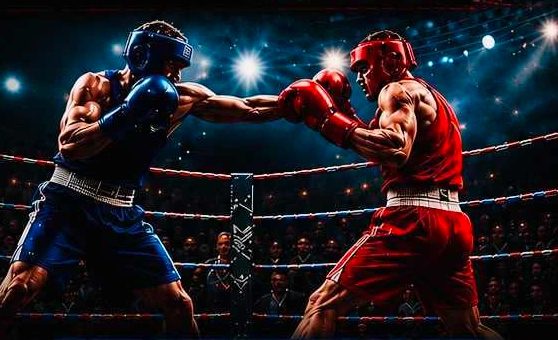 Two boxers in blue and red trading punches under arena lights